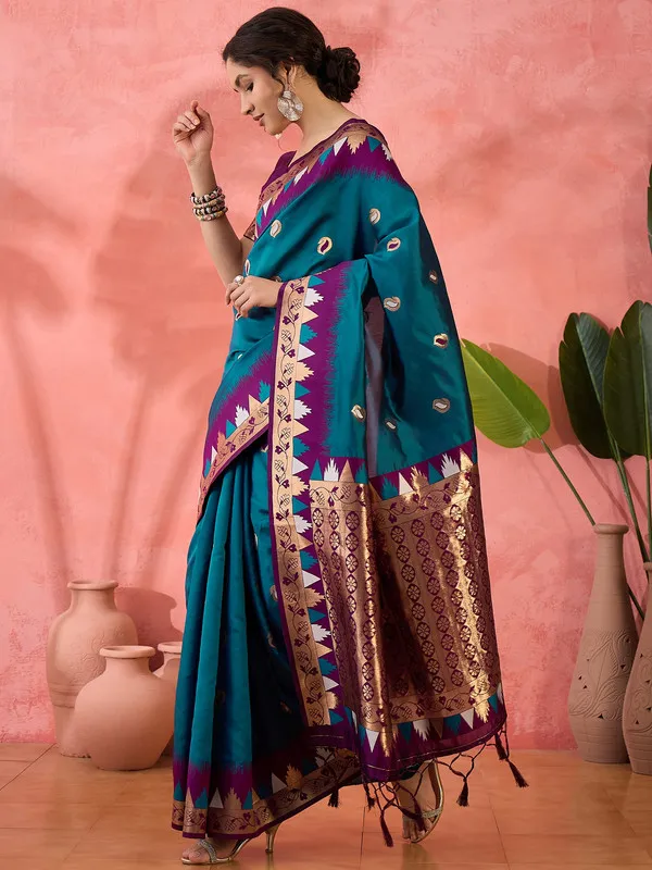 Teal_Poly_Silk_Premium_&_Elegant_(_Rich_)_Saree_With_Blouse_Piece_For_Women