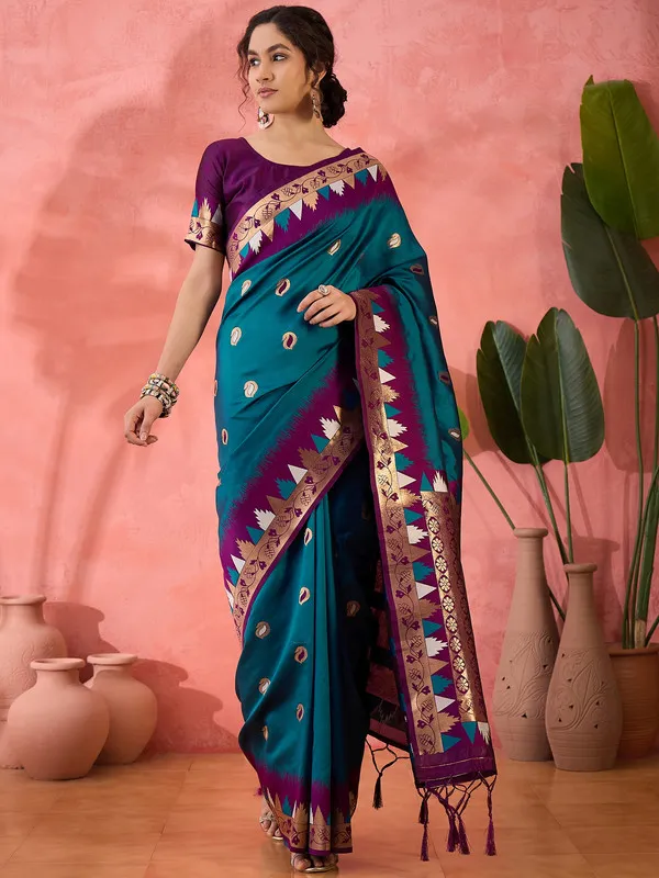 Teal_Poly_Silk_Premium_&_Elegant_(_Rich_)_Saree_With_Blouse_Piece_For_Women