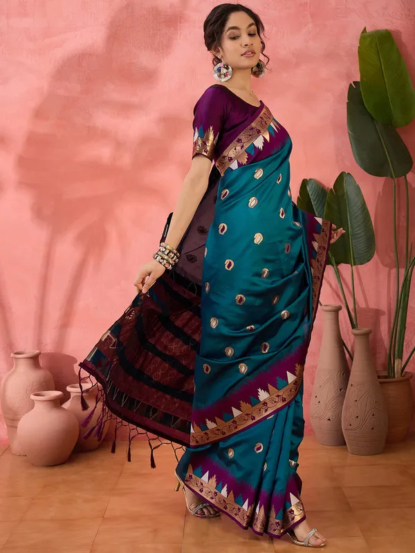 Teal_Poly_Silk_Premium_&_Elegant_(_Rich_)_Saree_With_Blouse_Piece_For_Women
