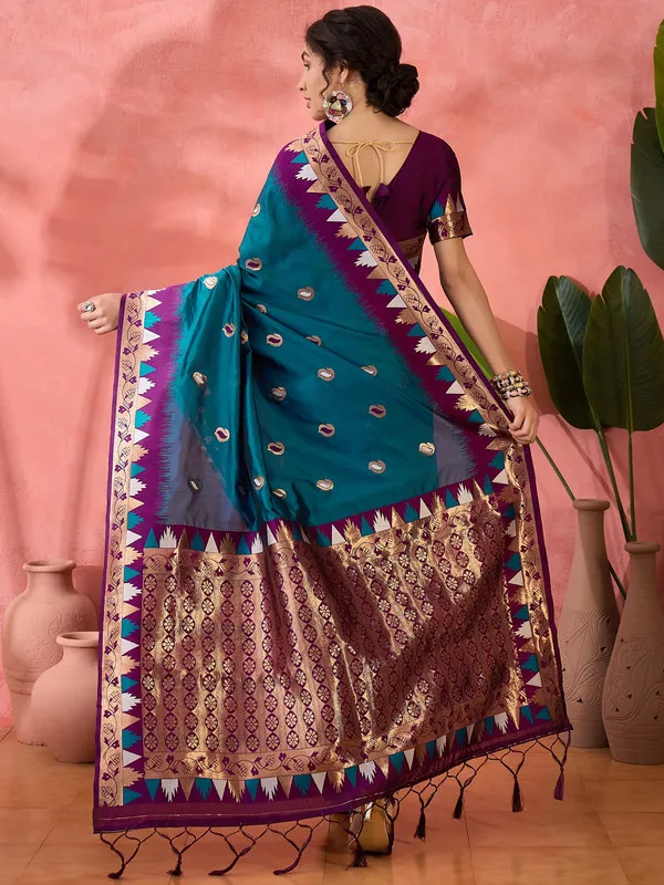 Teal_Poly_Silk_Premium_&_Elegant_(_Rich_)_Saree_With_Blouse_Piece_For_Women