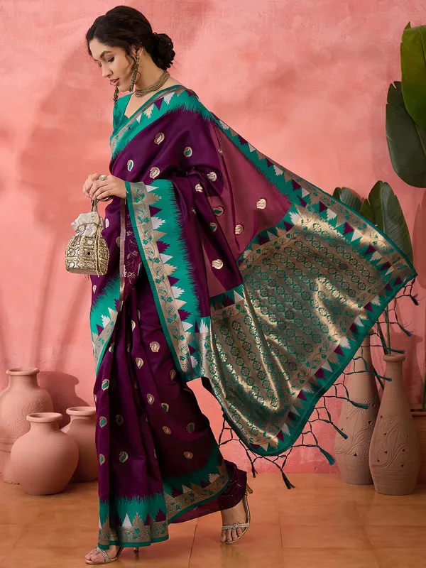 Wine_Poly_Silk_Premium_&_Elegant_(_Woven_Butti,_Contrast_Border_)_Saree_With_Blouse_Piece_For_Women