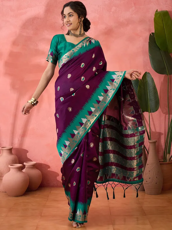 Wine_Poly_Silk_Premium_&_Elegant_(_Woven_Butti,_Contrast_Border_)_Saree_With_Blouse_Piece_For_Women