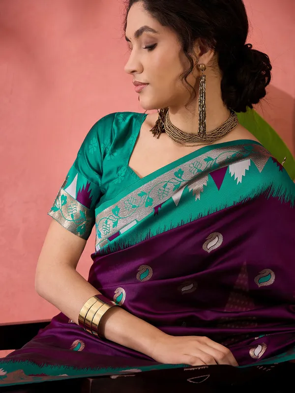 Wine_Poly_Silk_Premium_&_Elegant_(_Woven_Butti,_Contrast_Border_)_Saree_With_Blouse_Piece_For_Women