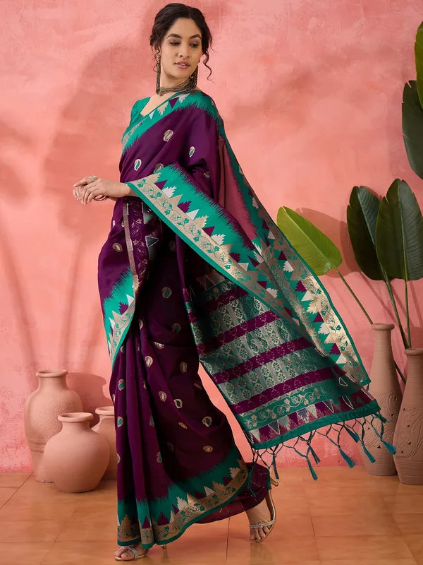 Wine_Poly_Silk_Premium_&_Elegant_(_Woven_Butti,_Contrast_Border_)_Saree_With_Blouse_Piece_For_Women