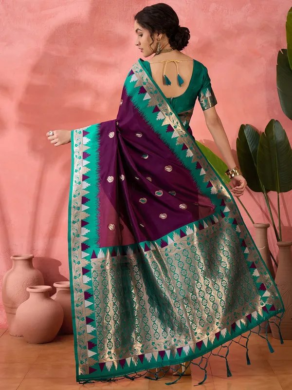 Wine_Poly_Silk_Premium_&_Elegant_(_Woven_Butti,_Contrast_Border_)_Saree_With_Blouse_Piece_For_Women