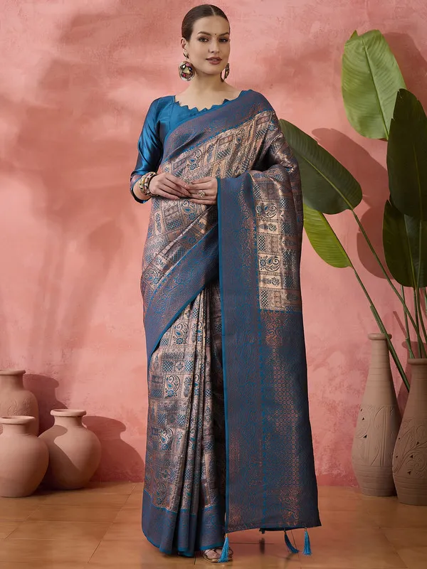 Tealblue_Poly_Silk_Premium_&_Elegant_(_Rich_)_Saree_With_Blouse_Piece_For_Women