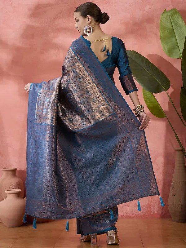 Tealblue_Poly_Silk_Premium_&_Elegant_(_Rich_)_Saree_With_Blouse_Piece_For_Women
