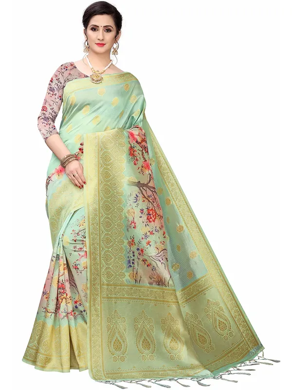 Ocean_Green_Cotton_Silk_Premium_&_Elegant_(_Bollywood_Style_Woven_Zari_Border_And_Pallu_Digital_Printed_)_Saree_Saree_With_Blouse_Piece_For_Women