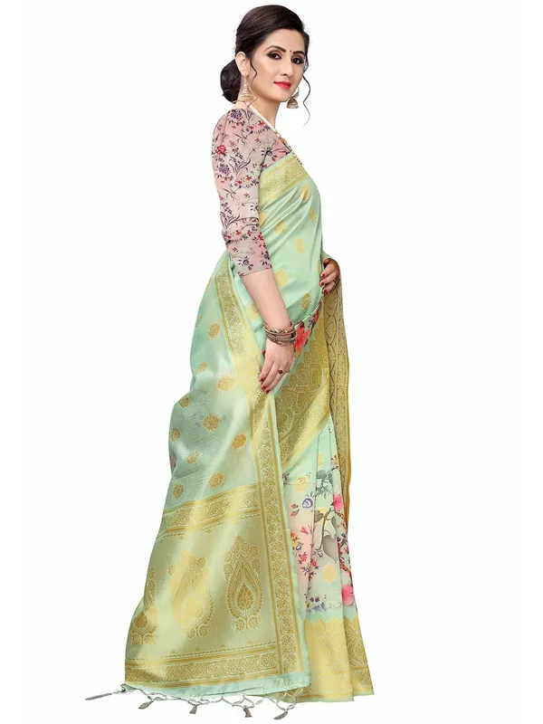 Ocean_Green_Cotton_Silk_Premium_&_Elegant_(_Bollywood_Style_Woven_Zari_Border_And_Pallu_Digital_Printed_)_Saree_Saree_With_Blouse_Piece_For_Women