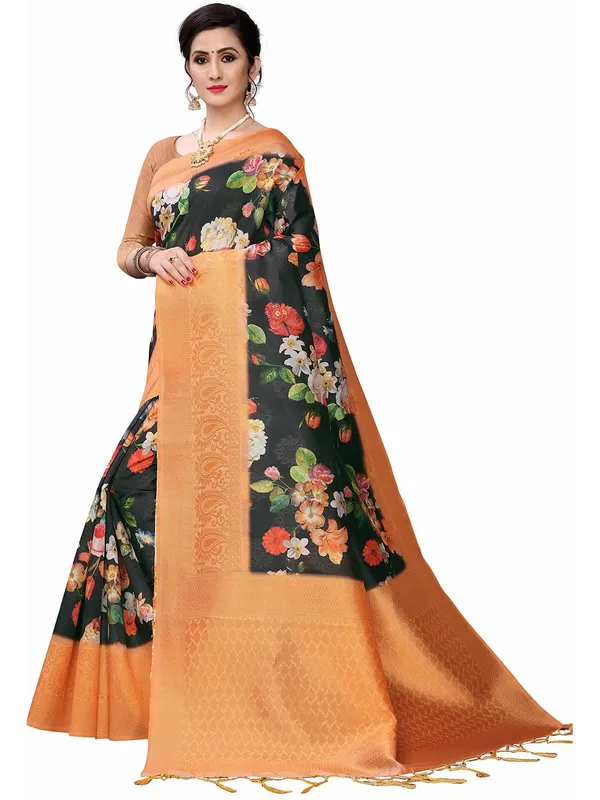 Black_Cotton_Silk_Premium_&_Elegant_(_Bollywood_Style_Woven_Zari_Border_And_Pallu_Digital_Printed_)_Saree_Saree_With_Blouse_Piece_For_Women