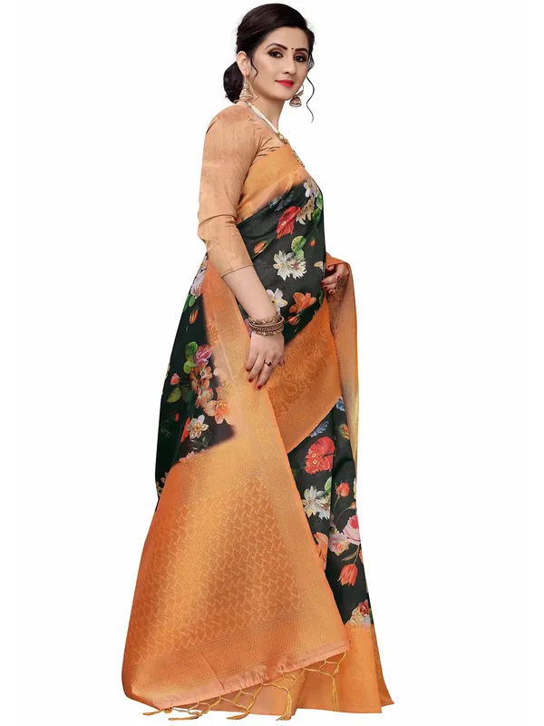 Black_Cotton_Silk_Premium_&_Elegant_(_Bollywood_Style_Woven_Zari_Border_And_Pallu_Digital_Printed_)_Saree_Saree_With_Blouse_Piece_For_Women