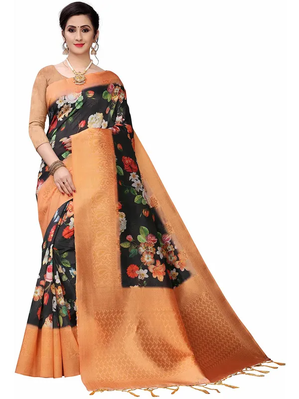 Black_Cotton_Silk_Premium_&_Elegant_(_Bollywood_Style_Woven_Zari_Border_And_Pallu_Digital_Printed_)_Saree_Saree_With_Blouse_Piece_For_Women