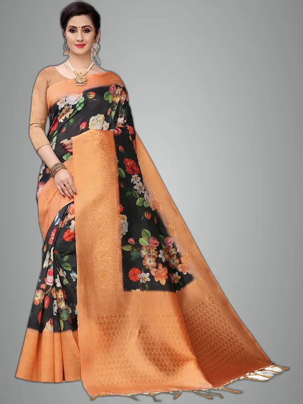 Black_Cotton_Silk_Premium_&_Elegant_(_Bollywood_Style_Woven_Zari_Border_And_Pallu_Digital_Printed_)_Saree_Saree_With_Blouse_Piece_For_Women