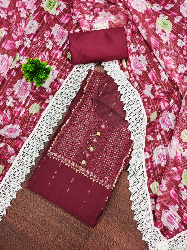 Maroon_Roman_Silk_Salwar_Suit_Dress_Material_With_Thread_Sequin_Work_&_Georgette_Weaving_Dupatta_Unstitched