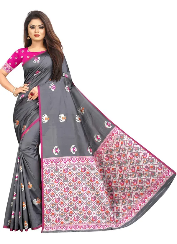 Grey_Silk___Jacquard_Premium_&_Elegant_Patola_Saree_With_Blouse_Piece_For_Women