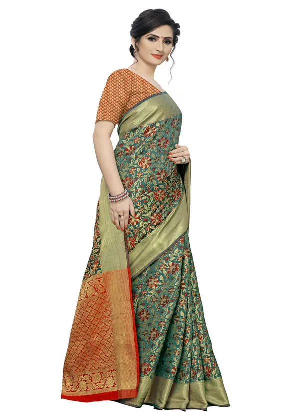 Green_Cotton_Silk_Premium_&_Elegant_Banarasi_Saree_With_Blouse_Piece_For_Women