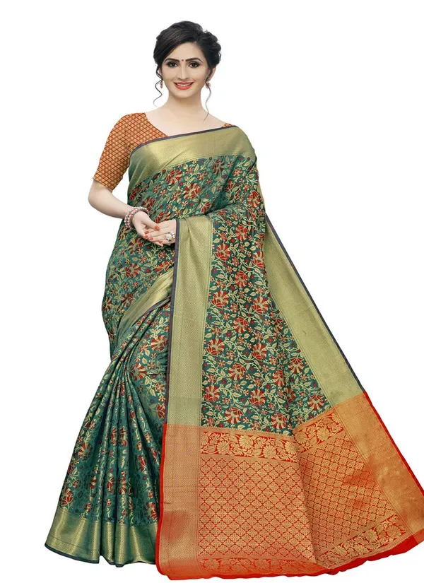 Green_Cotton_Silk_Premium_&_Elegant_Banarasi_Saree_With_Blouse_Piece_For_Women