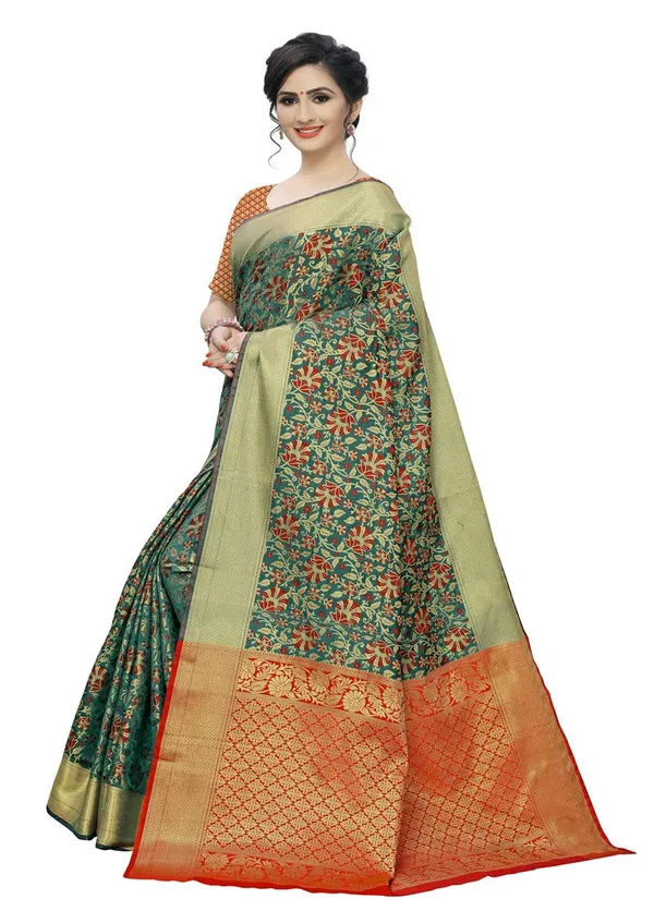 Green_Cotton_Silk_Premium_&_Elegant_Banarasi_Saree_With_Blouse_Piece_For_Women