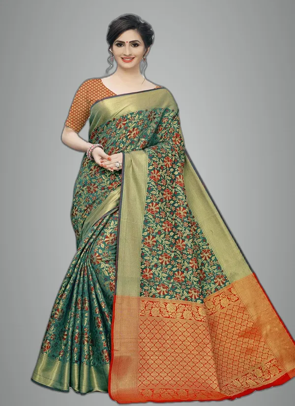 Green_Cotton_Silk_Premium_&_Elegant_Banarasi_Saree_With_Blouse_Piece_For_Women