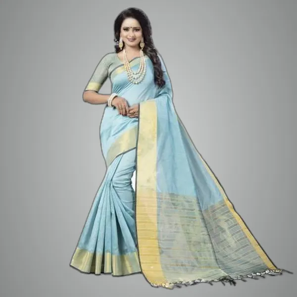 Sky_Blue_Cotton_Silk_Premium_&_Elegant_Saree_Saree_With_Blouse_Piece_For_Women