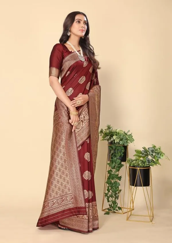 Maroon_Silk_Premium_&_Elegant_(_Rich_Pallu_)_Kanjivaram_Banarasi_Saree_With_Blouse_Piece_For_Women
