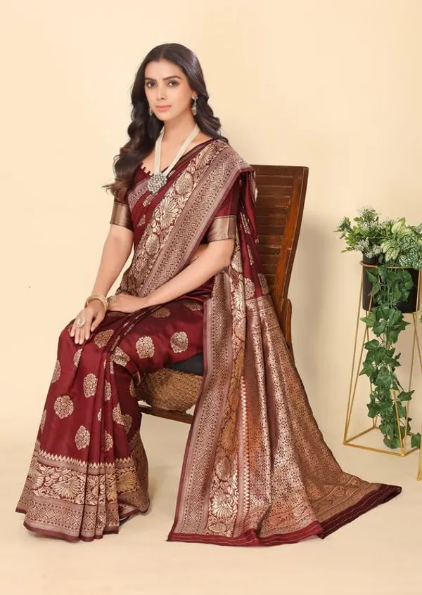 Maroon_Silk_Premium_&_Elegant_(_Rich_Pallu_)_Kanjivaram_Banarasi_Saree_With_Blouse_Piece_For_Women