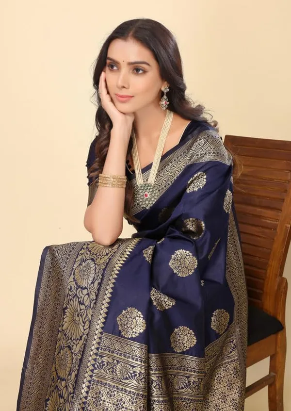 Navy_Blue_Silk_Premium_&_Elegant_(_Rich_Pallu_)_Kanjivaram_Banarasi_Saree_With_Blouse_Piece_For_Women