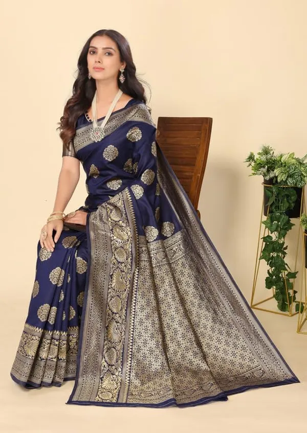 Navy_Blue_Silk_Premium_&_Elegant_(_Rich_Pallu_)_Kanjivaram_Banarasi_Saree_With_Blouse_Piece_For_Women