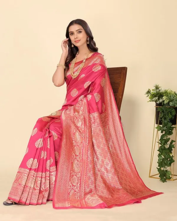 Pink_Silk_Premium_&_Elegant_(_Rich_Pallu_)_Kanjivaram_Banarasi_Saree_With_Blouse_Piece_For_Women