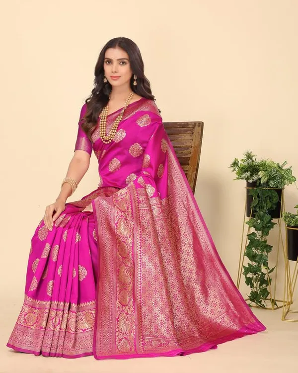 Rani_Pink_Silk_Premium_&_Elegant_(_Rich_Pallu_)_Kanjivaram_Banarasi_Saree_With_Blouse_Piece_For_Women