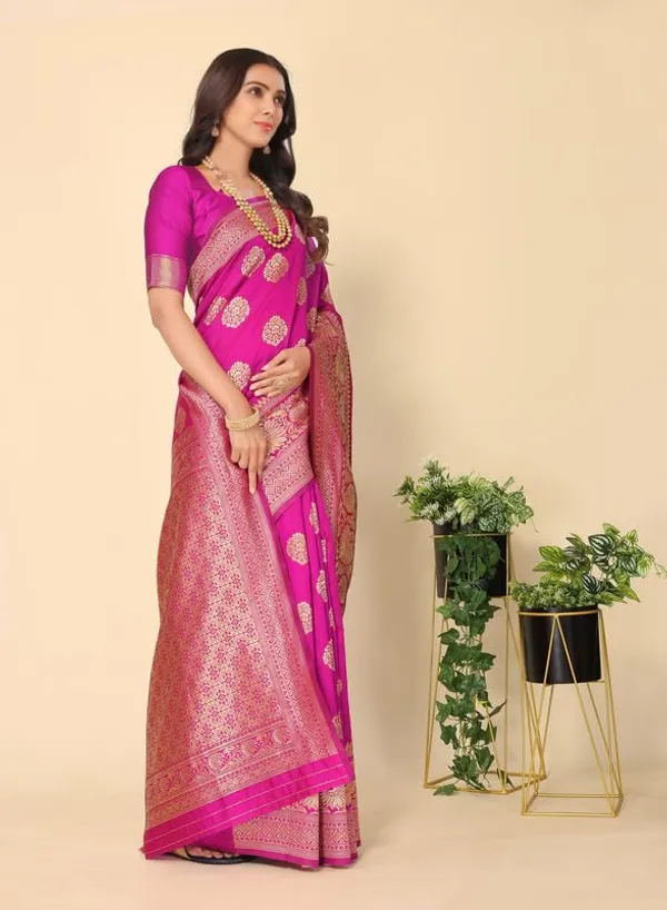 Rani_Pink_Silk_Premium_&_Elegant_(_Rich_Pallu_)_Kanjivaram_Banarasi_Saree_With_Blouse_Piece_For_Women