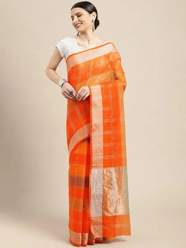 Orange_Cotton_Silk_Premium_&_Elegant_(_Zari_Checkered_)_Kota_Doria_Saree_With_Blouse_Piece_For_Women