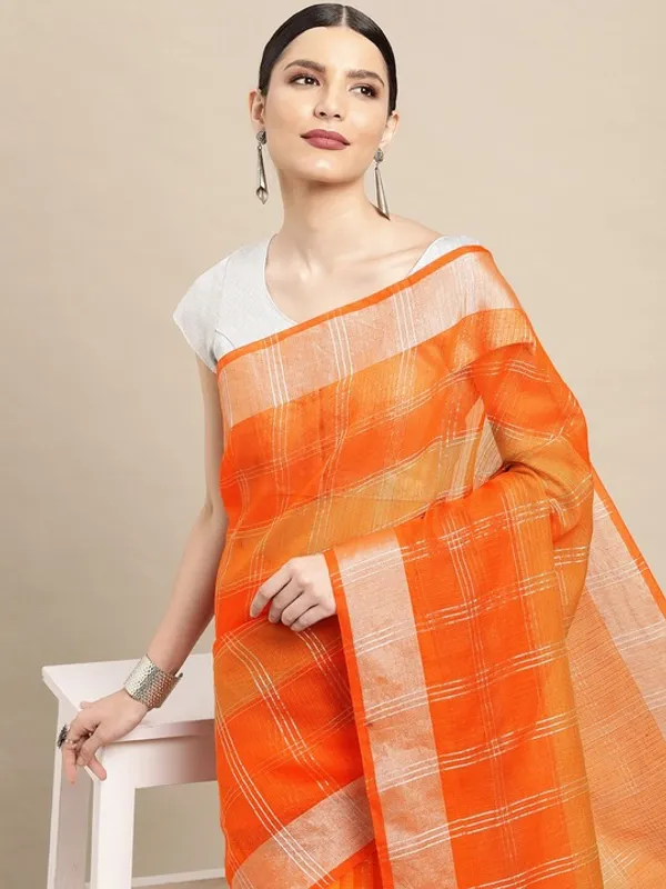 Orange_Cotton_Silk_Premium_&_Elegant_(_Zari_Checkered_)_Kota_Doria_Saree_With_Blouse_Piece_For_Women