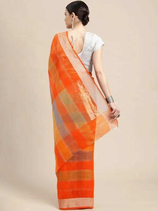 Orange_Cotton_Silk_Premium_&_Elegant_(_Zari_Checkered_)_Kota_Doria_Saree_With_Blouse_Piece_For_Women