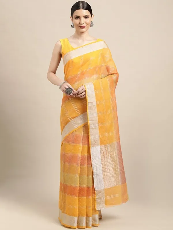 Yellow_Cotton_Silk_Premium_&_Elegant_(_Checkered_&_Zari_)_Kota_Doria_Saree_With_Blouse_Piece_For_Women