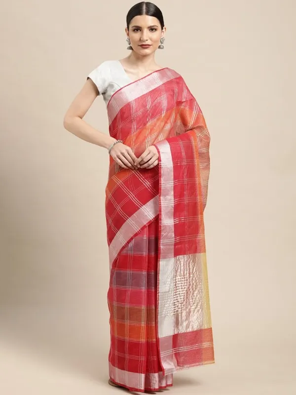 Red_Cotton_Silk_Premium_&_Elegant_(_Checkered_&_Zari_)_Kota_Doria_Saree_With_Blouse_Piece_For_Women