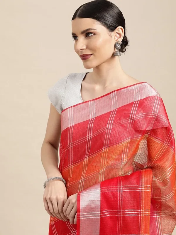 Red_Cotton_Silk_Premium_&_Elegant_(_Checkered_&_Zari_)_Kota_Doria_Saree_With_Blouse_Piece_For_Women