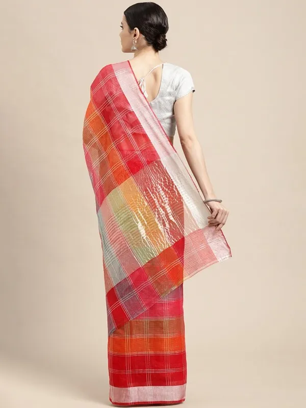 Red_Cotton_Silk_Premium_&_Elegant_(_Checkered_&_Zari_)_Kota_Doria_Saree_With_Blouse_Piece_For_Women