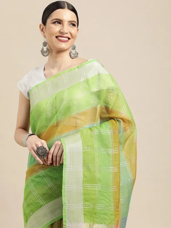 Green_Cotton_Silk_Premium_&_Elegant_(_Zari_Checkered_)_Kota_Doria_Saree_With_Blouse_Piece_For_Women
