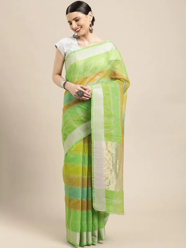 Green_Cotton_Silk_Premium_&_Elegant_(_Zari_Checkered_)_Kota_Doria_Saree_With_Blouse_Piece_For_Women