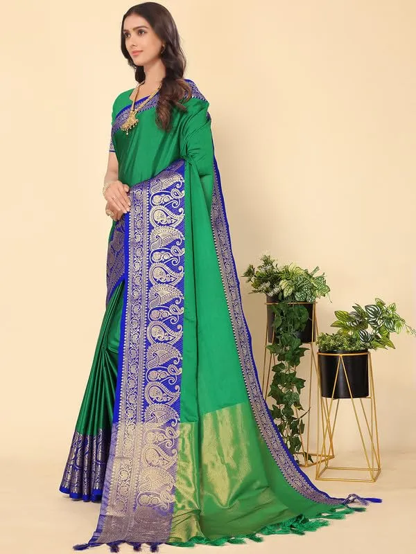 Dark_Green_Silk_Premium_&_Elegant_(_Zari_Paisley_Pattern_Broad_Border_)_Banarasi_Saree_With_Blouse_Piece_For_Women