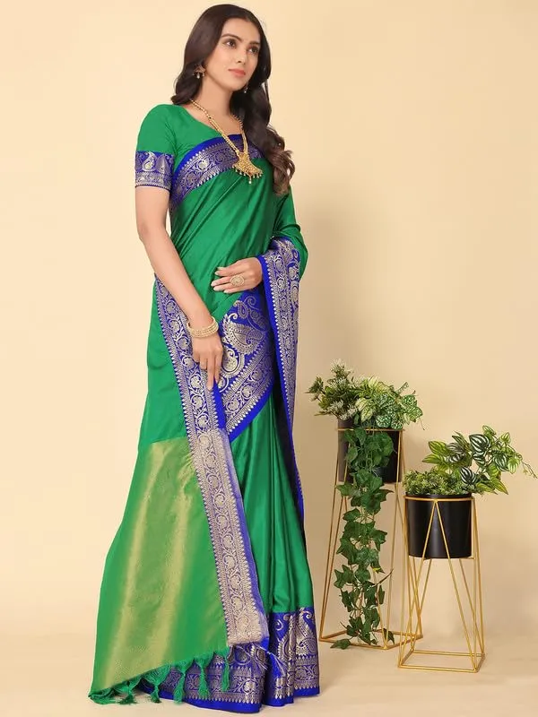 Dark_Green_Silk_Premium_&_Elegant_(_Zari_Paisley_Pattern_Broad_Border_)_Banarasi_Saree_With_Blouse_Piece_For_Women