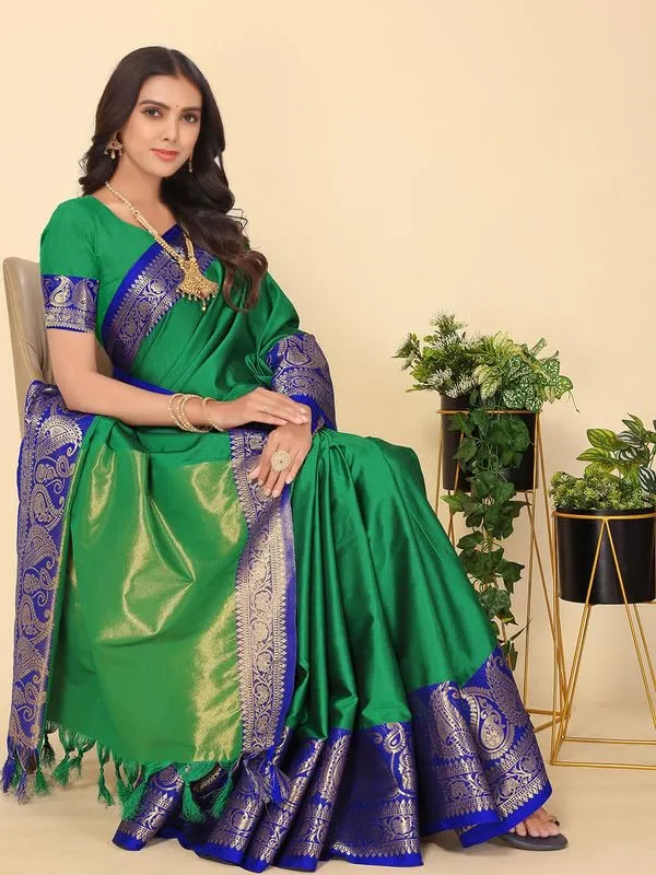 Dark_Green_Silk_Premium_&_Elegant_(_Zari_Paisley_Pattern_Broad_Border_)_Banarasi_Saree_With_Blouse_Piece_For_Women
