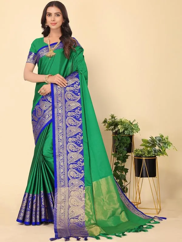 Dark_Green_Silk_Premium_&_Elegant_(_Zari_Paisley_Pattern_Broad_Border_)_Banarasi_Saree_With_Blouse_Piece_For_Women