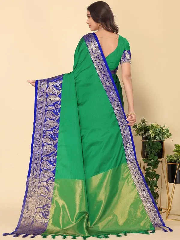 Dark_Green_Silk_Premium_&_Elegant_(_Zari_Paisley_Pattern_Broad_Border_)_Banarasi_Saree_With_Blouse_Piece_For_Women