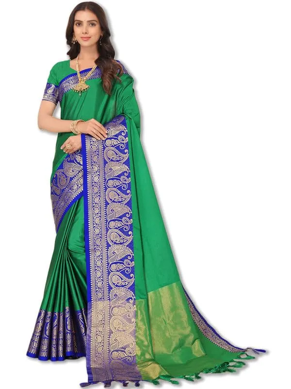 Dark_Green_Silk_Premium_&_Elegant_(_Zari_Paisley_Pattern_Broad_Border_)_Banarasi_Saree_With_Blouse_Piece_For_Women