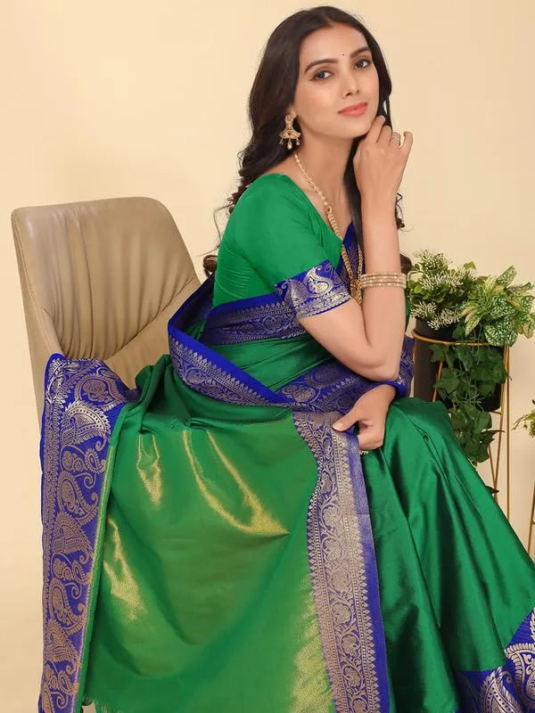 Dark_Green_Silk_Premium_&_Elegant_(_Zari_Paisley_Pattern_Broad_Border_)_Banarasi_Saree_With_Blouse_Piece_For_Women