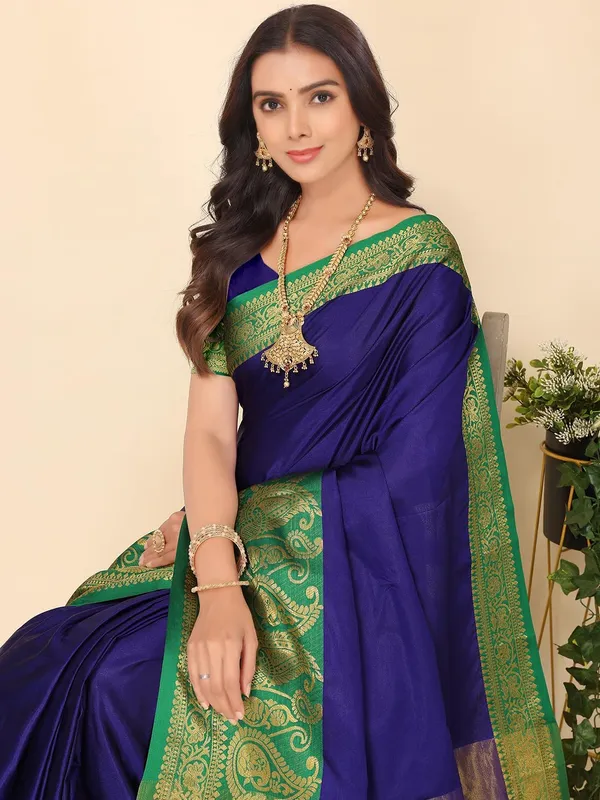 Royal_Blue_Silk_Premium_&_Elegant_(_Zari_Paisley_Pattern_Broad_Border_)_Banarasi_Saree_With_Blouse_Piece_For_Women