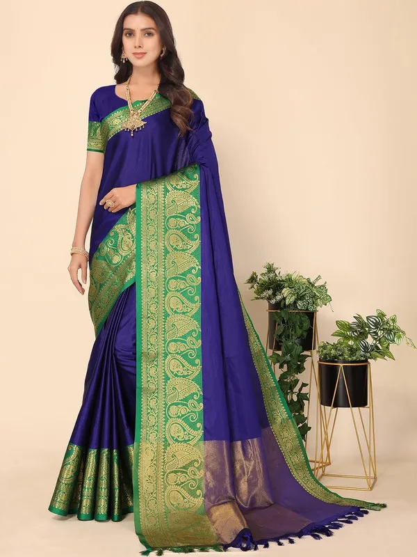 Royal_Blue_Silk_Premium_&_Elegant_(_Zari_Paisley_Pattern_Broad_Border_)_Banarasi_Saree_With_Blouse_Piece_For_Women