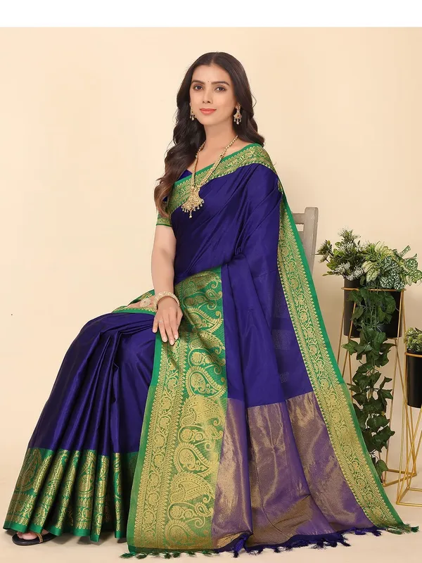 Royal_Blue_Silk_Premium_&_Elegant_(_Zari_Paisley_Pattern_Broad_Border_)_Banarasi_Saree_With_Blouse_Piece_For_Women